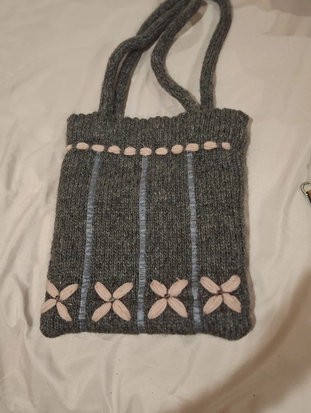 Knit Hobo Bag with Floral Accents